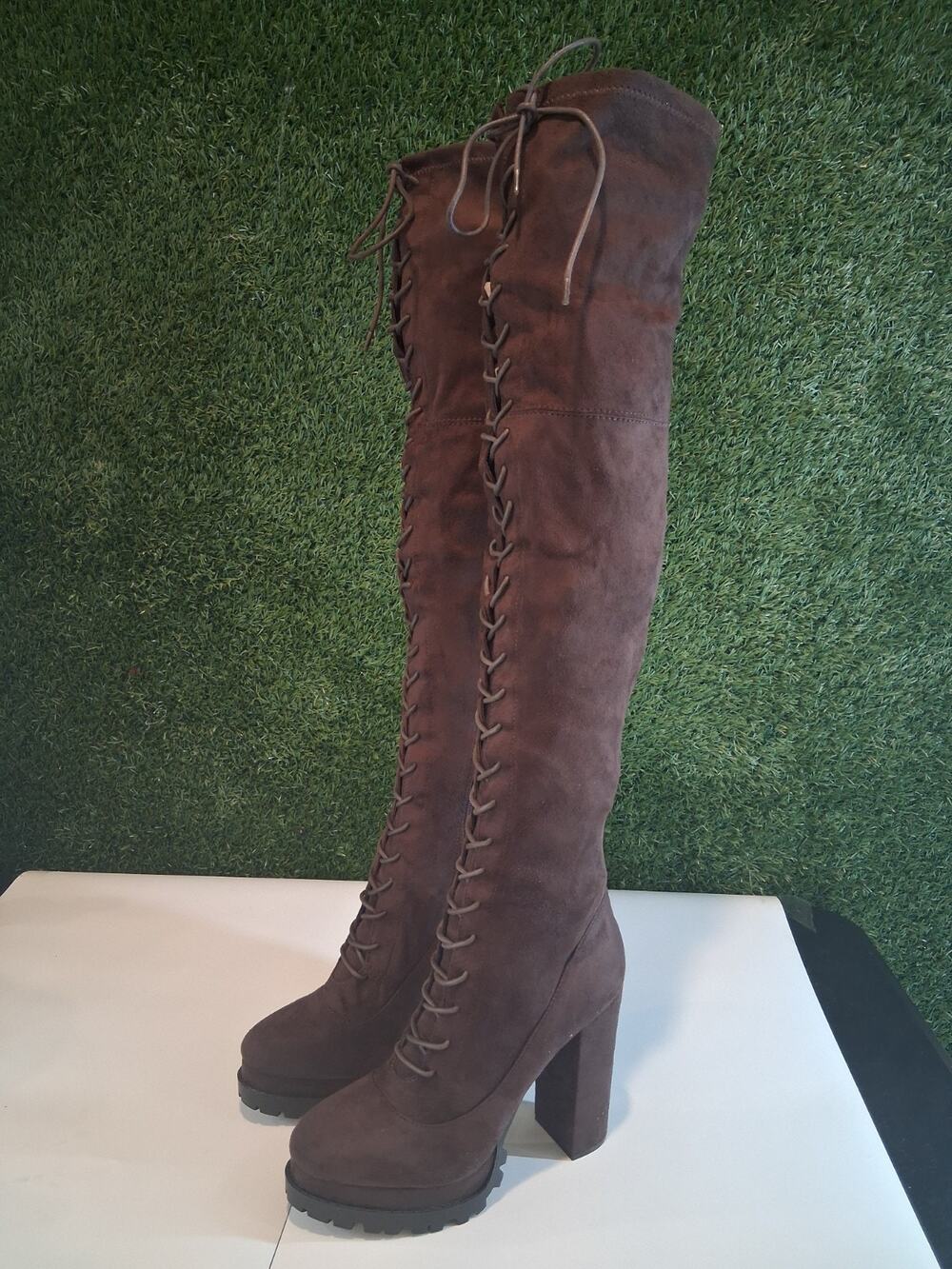 Sexy Brown Suede Lace Up Thigh High Platform Boots Block Heel Women's Size 9 New